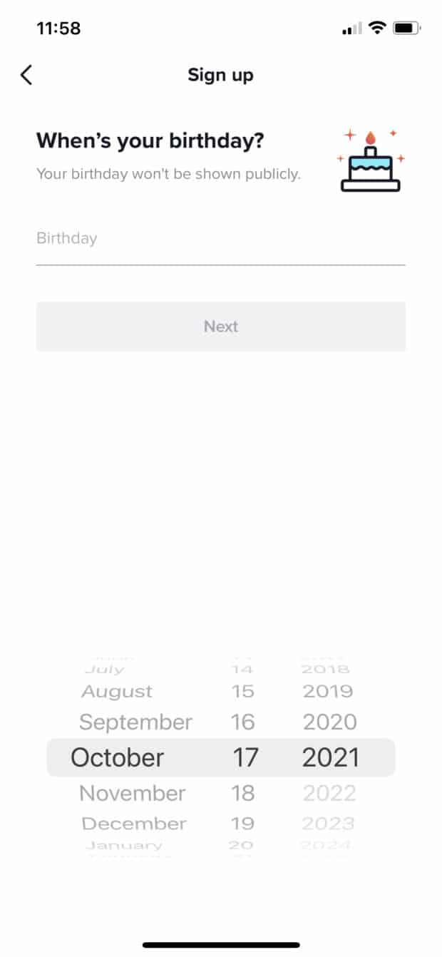 ingrese el cumplea&ntilde;os al registrarse en TikTok