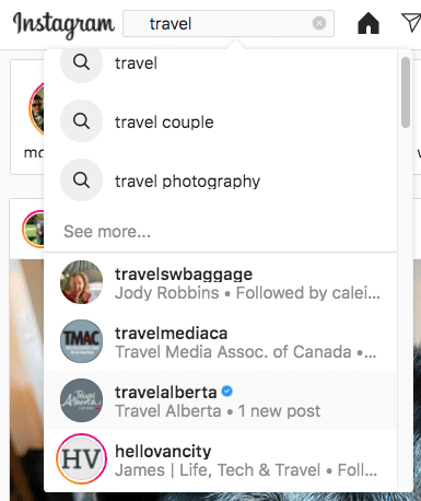 resultados de b&uacute;squeda de viajes cuenta principal de Instagram