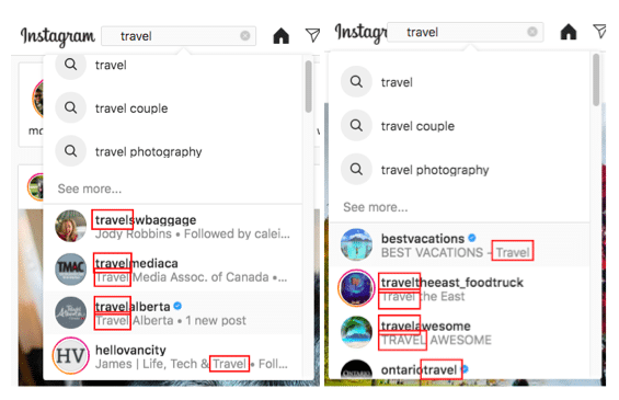 resultados de b&uacute;squeda de viajes asa de Instagram