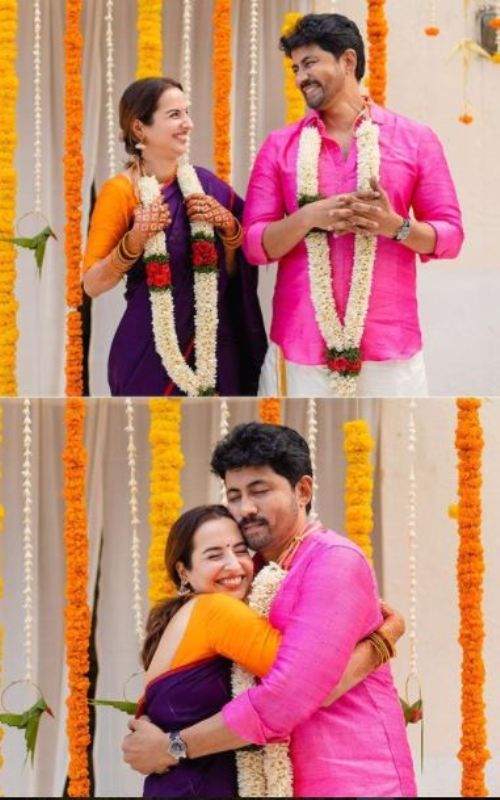 Karthik con su esposa en la ceremonia de su boda.