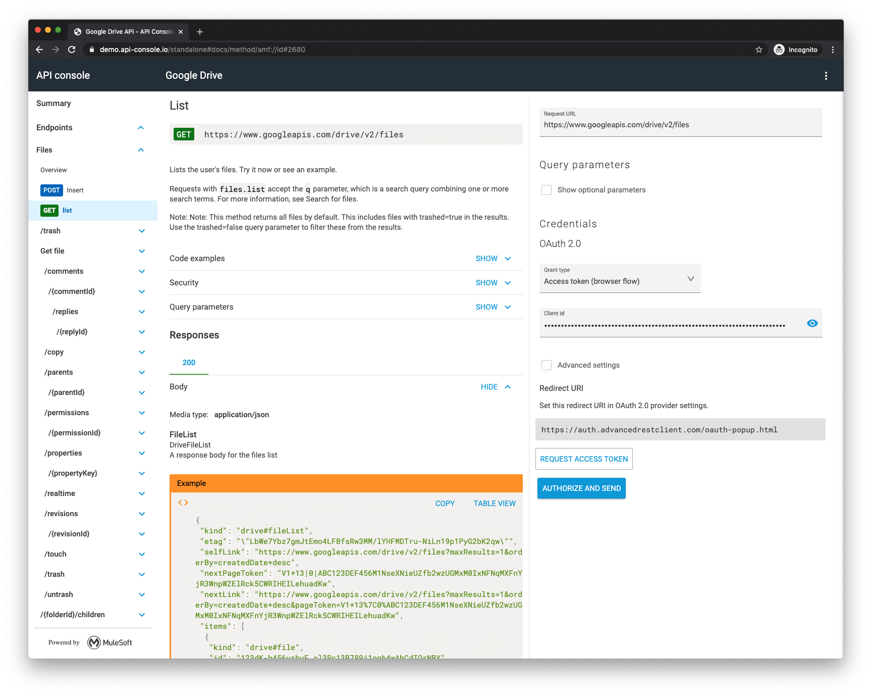 Captura de pantalla de la documentaci&oacute;n de API de API Console. 