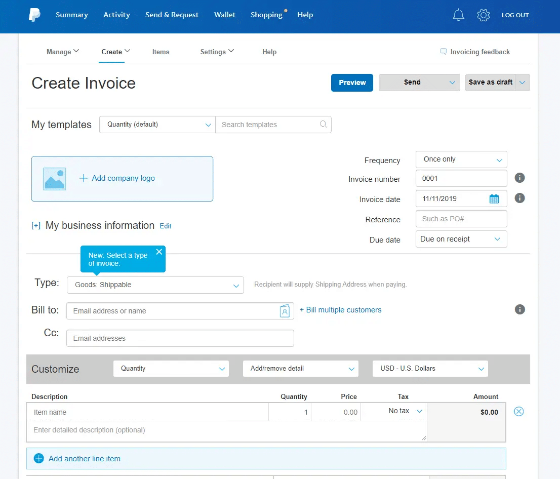 Captura de pantalla de la p&aacute;gina de gesti&oacute;n de facturas de PayPal. 
