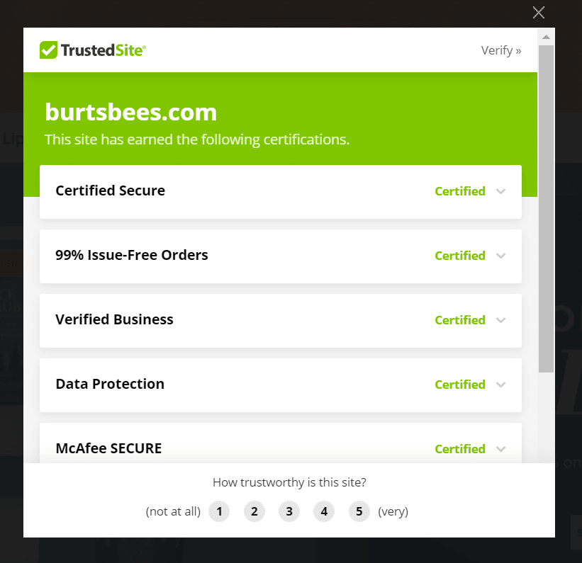 Trust Badges 101: Cómo generar confianza y aumentar las conversiones de comercio electrónico Ejemplo de una ventana emergente de insignia de confianza impulsada por TrustedSite en BurtsBees.com.
