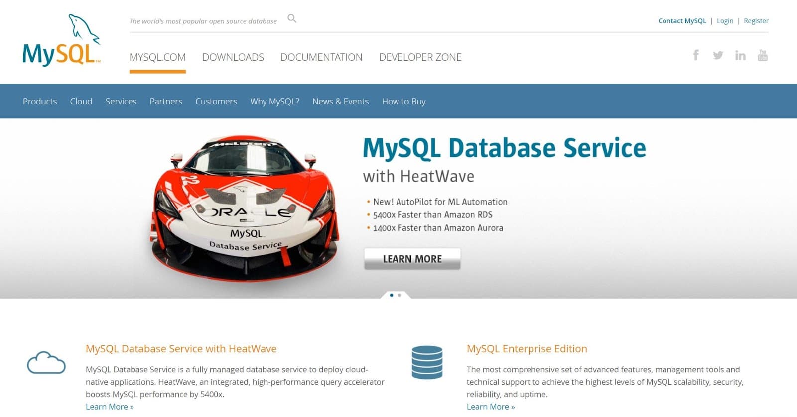 P&aacute;gina de inicio del sitio web de MySQL