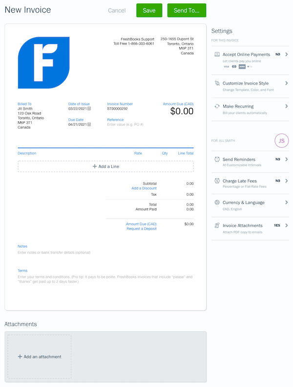 FreshBooks vs QuickBooks: ¿Cuál es mejor para autónomos y agencias? Ejemplo de factura de Freshbooks