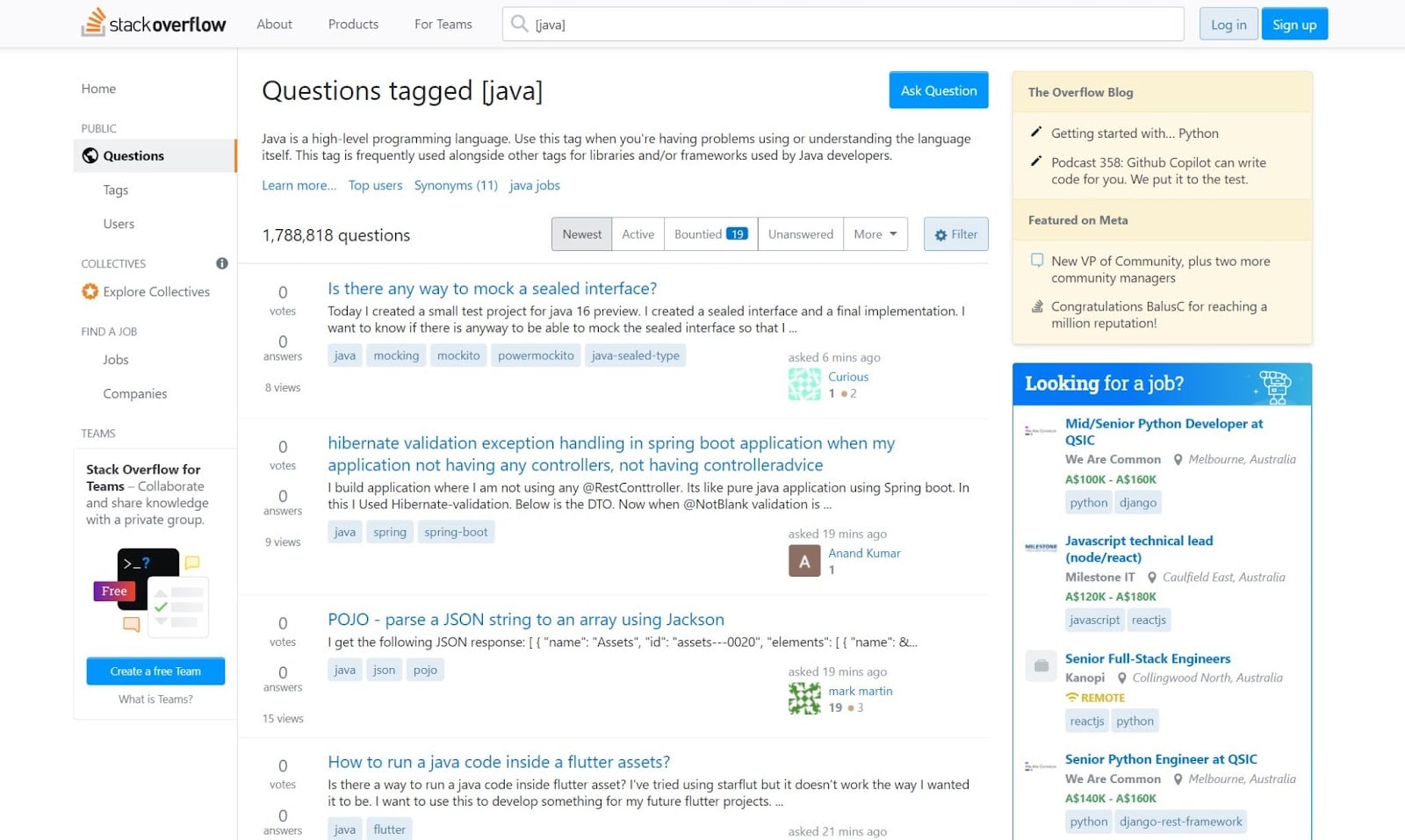 Cómo convertirse en un desarrollador de Java: todo lo que necesita saber Una captura de pantalla de la etiqueta Java de StackOverFlow