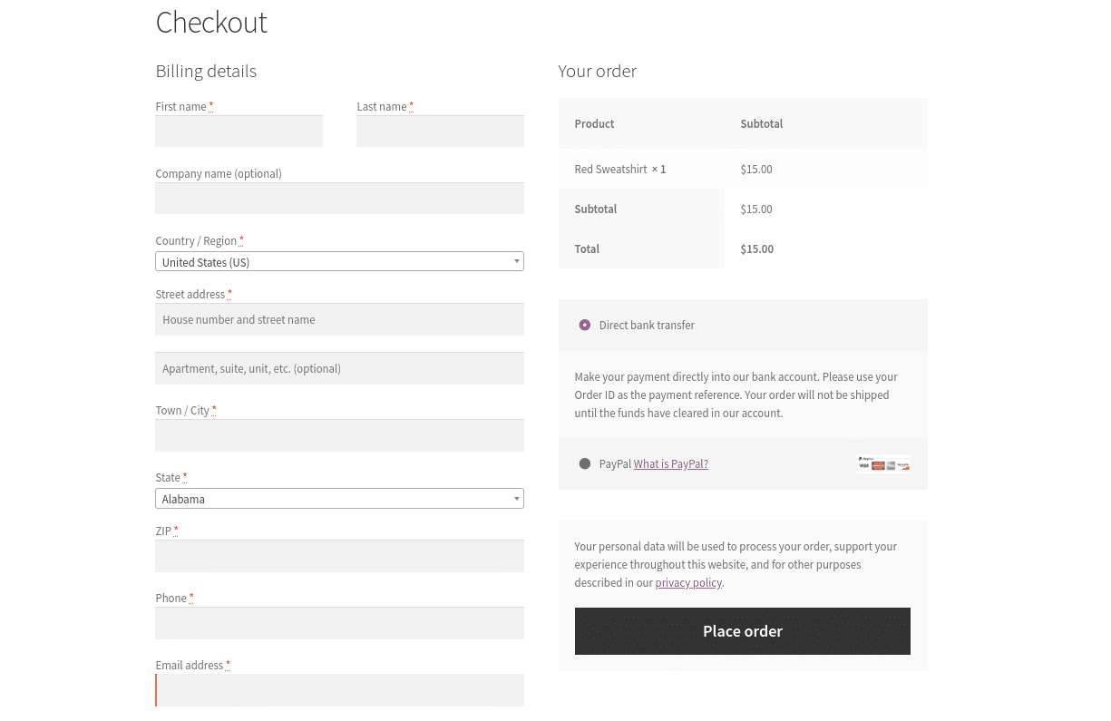 Trust Badges 101: Cómo generar confianza y aumentar las conversiones de comercio electrónico Página de pago predeterminada de WooCommerce con un formulario para los detalles de facturación.