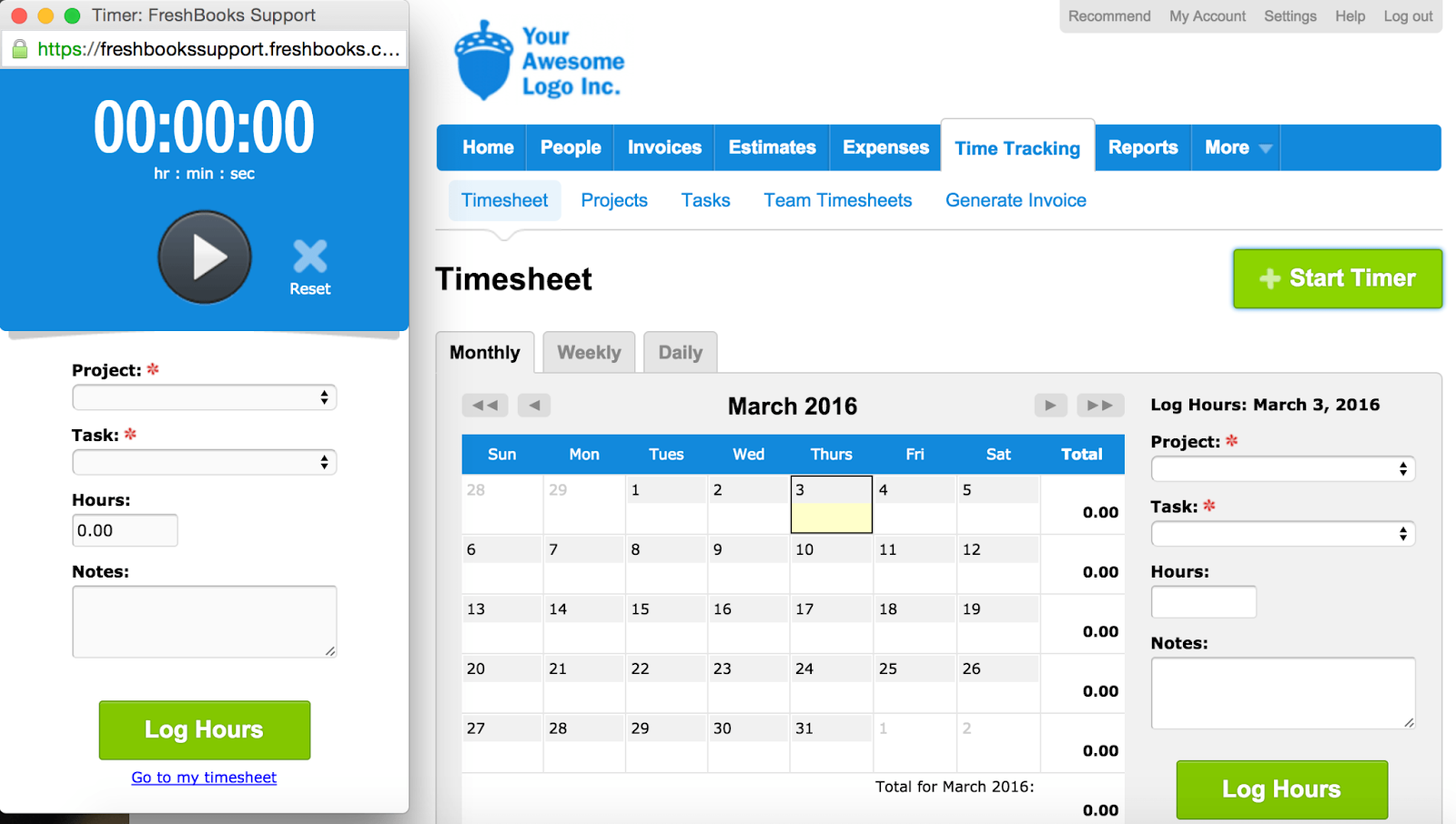 FreshBooks vs QuickBooks: ¿Cuál es mejor para autónomos y agencias? Una captura de pantalla del seguimiento del tiempo de FreshBooks
