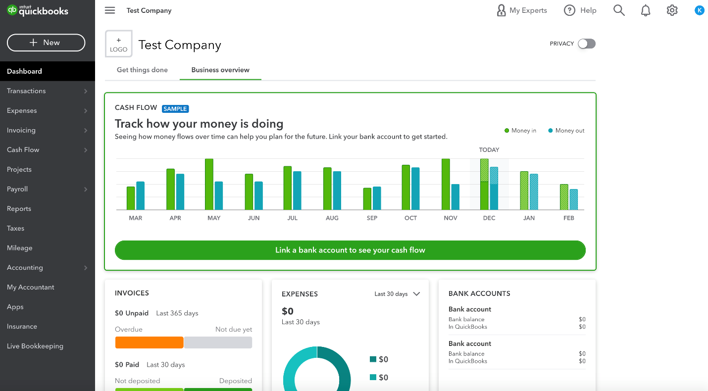 FreshBooks vs QuickBooks: ¿Cuál es mejor para autónomos y agencias? Una captura de pantalla del panel de QuickBooks