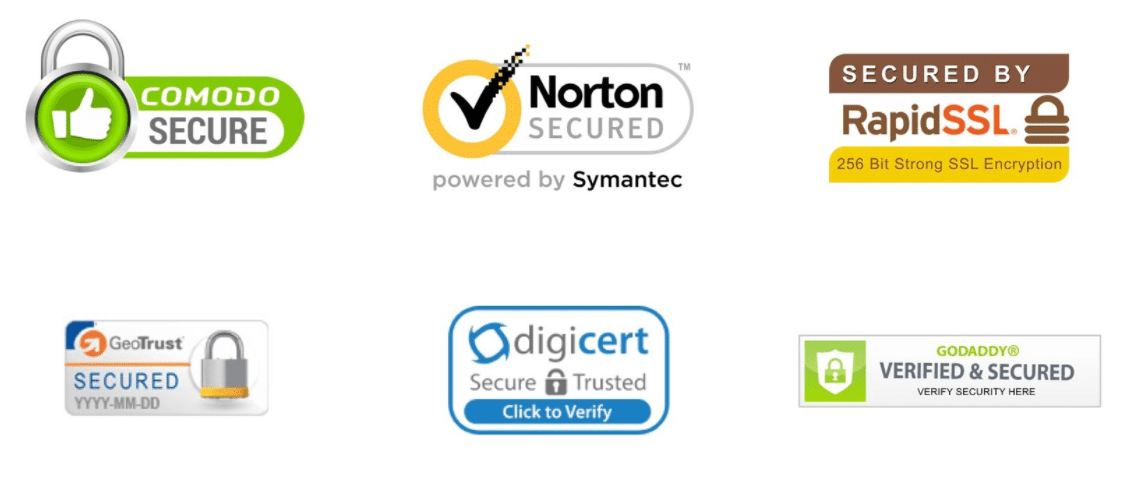 Trust Badges 101: Cómo generar confianza y aumentar las conversiones de comercio electrónico Varios logotipos de credenciales de confianza SSL, incluidos Comodo Secure y Norton Secured.