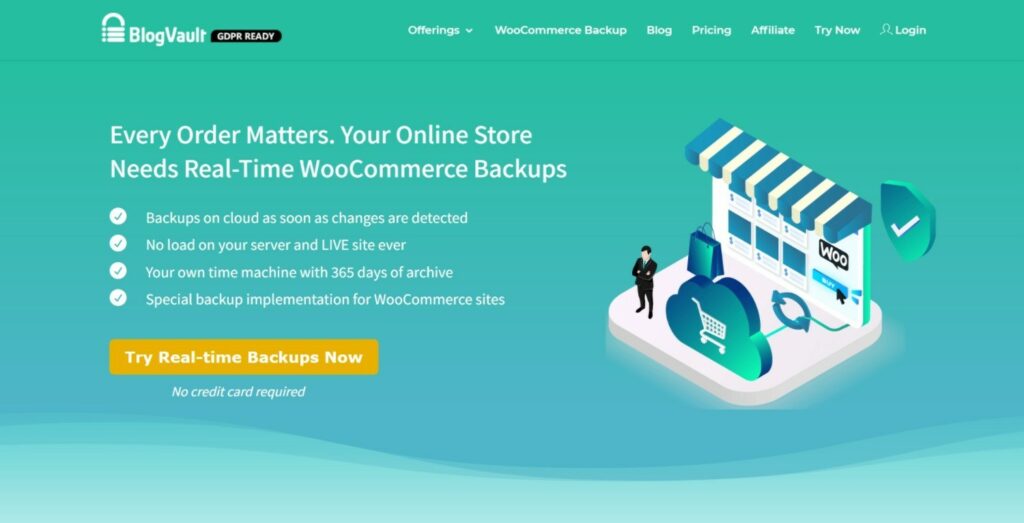 Cómo hacer una copia de seguridad de la base de datos de WooCommerce para proteger los datos de su tienda La página de inicio del servicio de copia de seguridad de BlogVault.