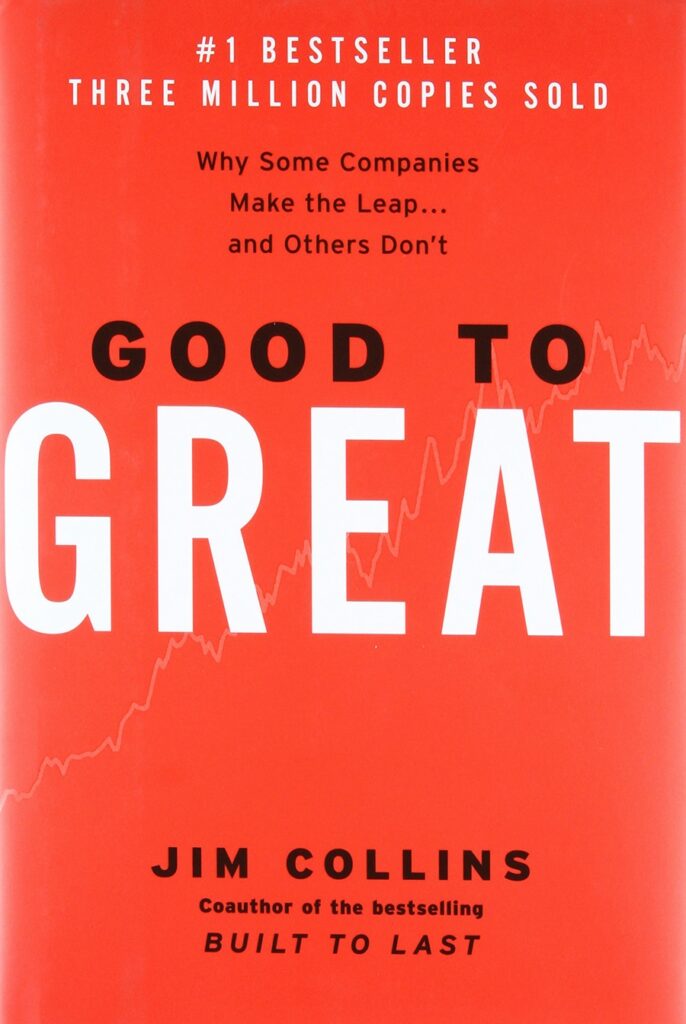 Su guía de los 10 mejores libros de negocios de todos los tiempos Portada del libro Good to Great de Jim Collins con el título en texto grande en blanco y negro sobre un fondo rojo con un gráfico de líneas.
