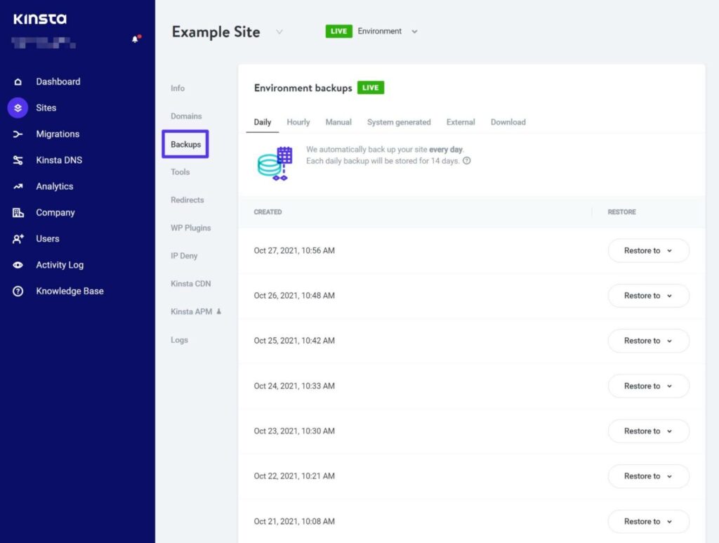 Cómo hacer una copia de seguridad de la base de datos de WooCommerce para proteger los datos de su tienda Una lista de copias de seguridad en la herramienta de copia de seguridad de Kinsta.