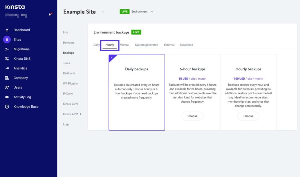 Cómo hacer una copia de seguridad de la base de datos de WooCommerce para proteger los datos de su tienda Cómo cambiar la frecuencia de respaldo de Kinsta: tiene opciones para cada seis horas o cada hora