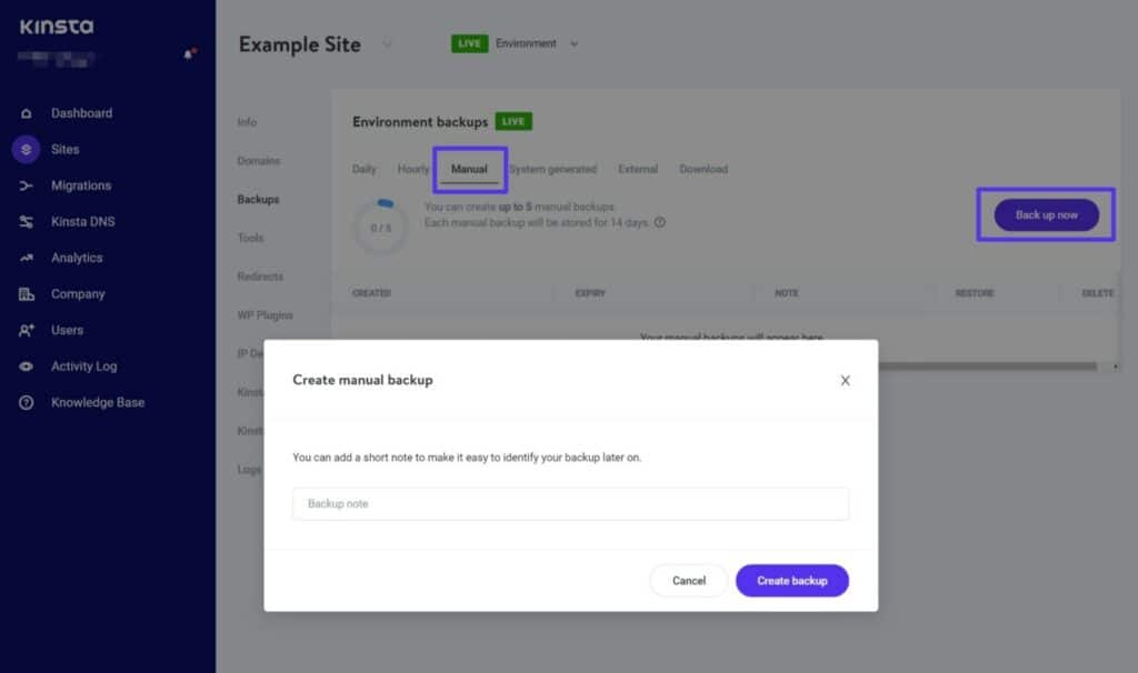 Cómo hacer una copia de seguridad de la base de datos de WooCommerce para proteger los datos de su tienda Cómo realizar una copia de seguridad manual en Kinsta.