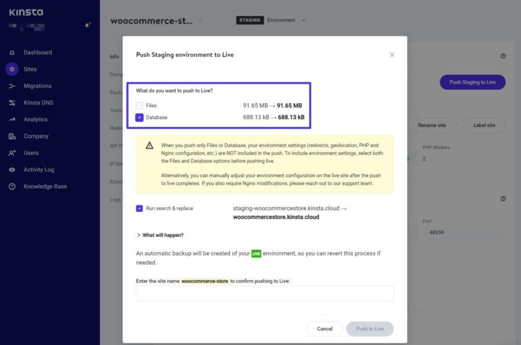 Cómo hacer una copia de seguridad de la base de datos de WooCommerce para proteger los datos de su tienda Cómo usar la función de empuje selectivo de Kinsta para solo impulsar la base de datos de WooCommerce en vivo.