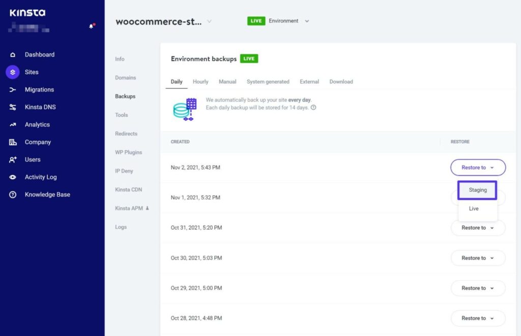 Cómo hacer una copia de seguridad de la base de datos de WooCommerce para proteger los datos de su tienda Cómo restaurar una copia de seguridad en la puesta en escena de Kinsta.