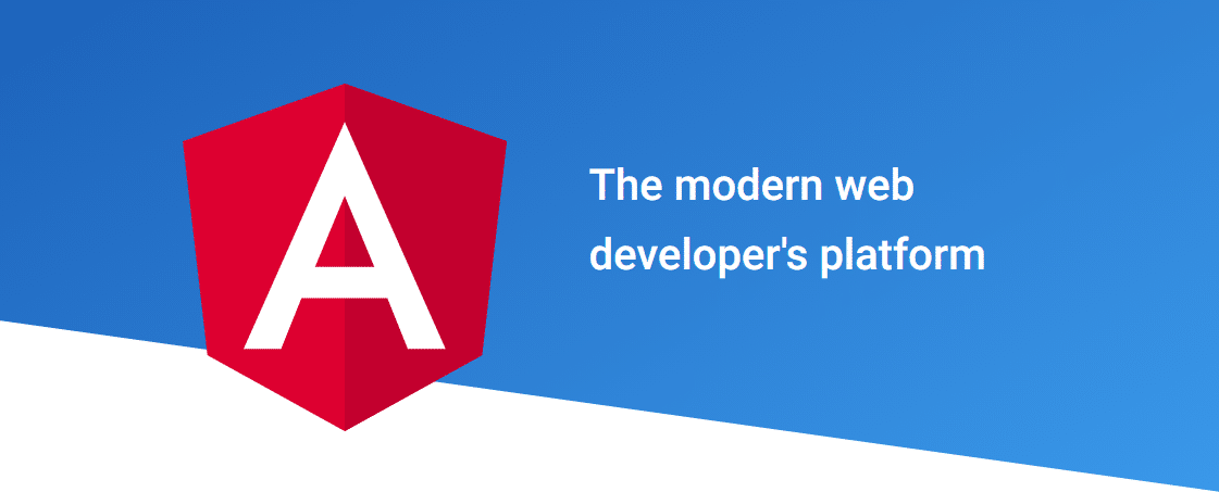 El logotipo oficial de Angular de una A blanca sobre un escudo rojo, superpuesto sobre un fondo azul y blanco dividido, junto a las palabras 