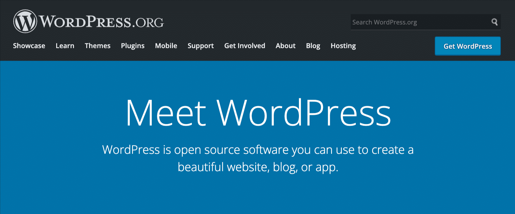 ¿Vale la pena el alojamiento gratuito de WordPress? 10 factores a considerar Una captura de pantalla de la página de inicio de WordPress.org con texto blanco sobre un fondo azul que dice
