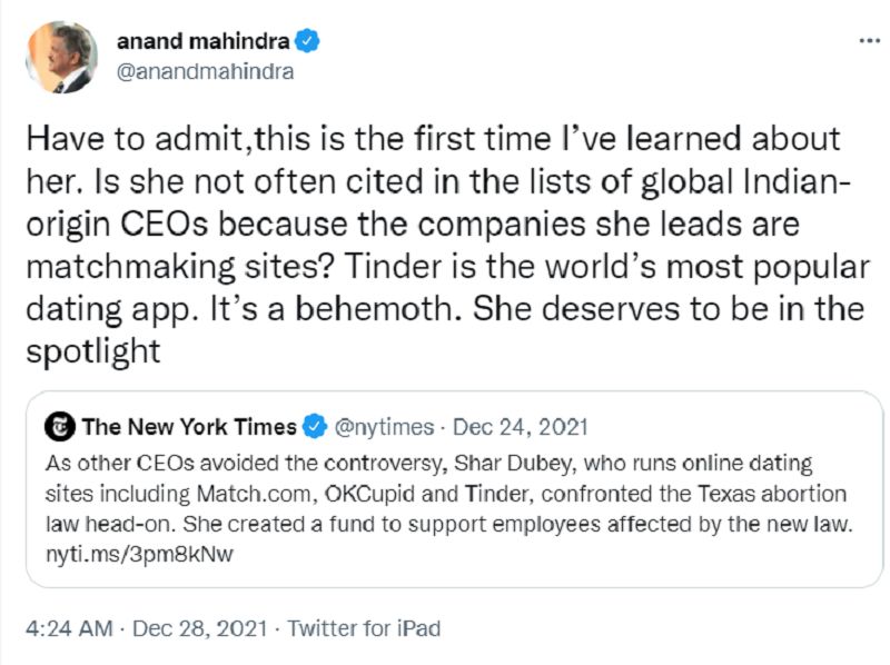 Anand Mahindra sobre Shar Dubey