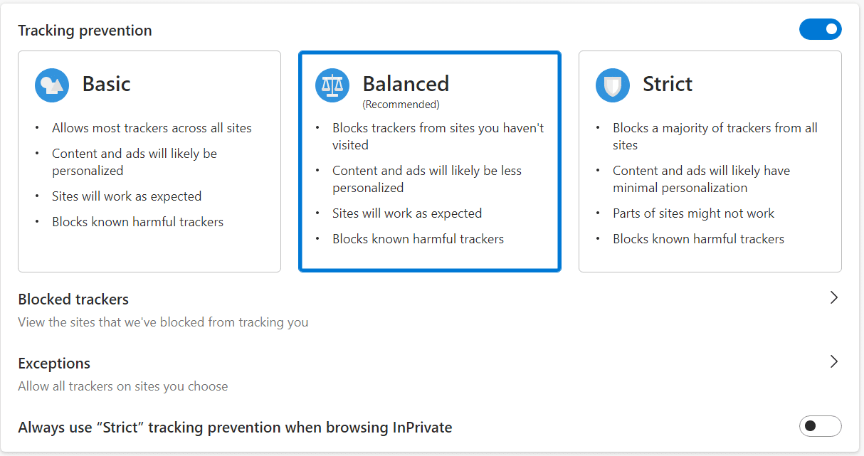 Batalla de navegadores: Microsoft Edge vs Chrome Configuración de prevención de seguimiento en Microsoft Edge