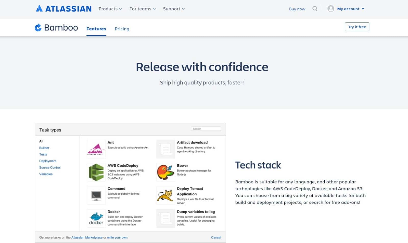 P&aacute;gina de caracter&iacute;sticas de Atlassian Bamboo