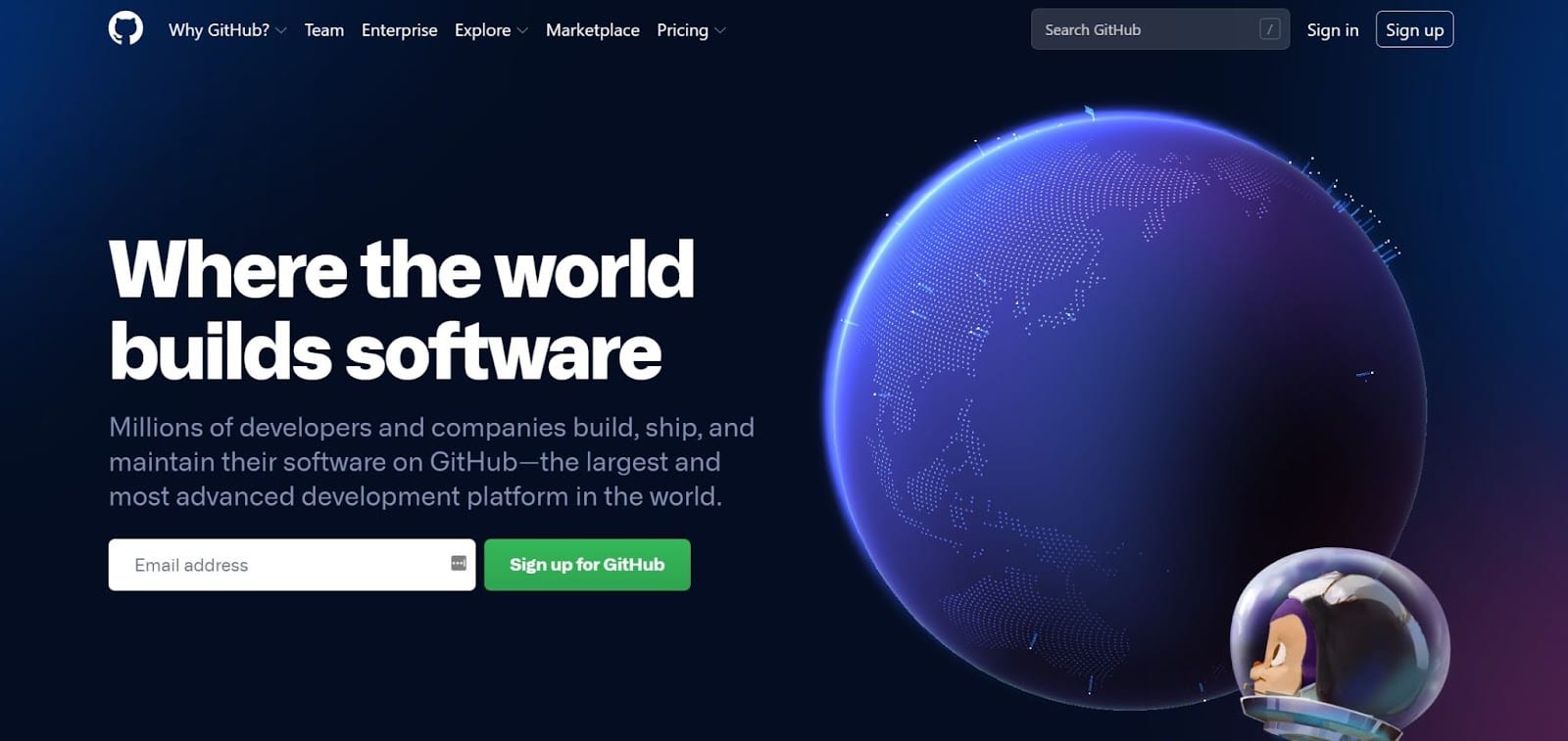 Una captura de pantalla de la p&aacute;gina de inicio de GitHub