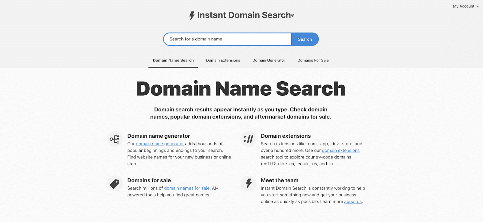 Instant Domain Search es un generador de nombres de dominio sencillo