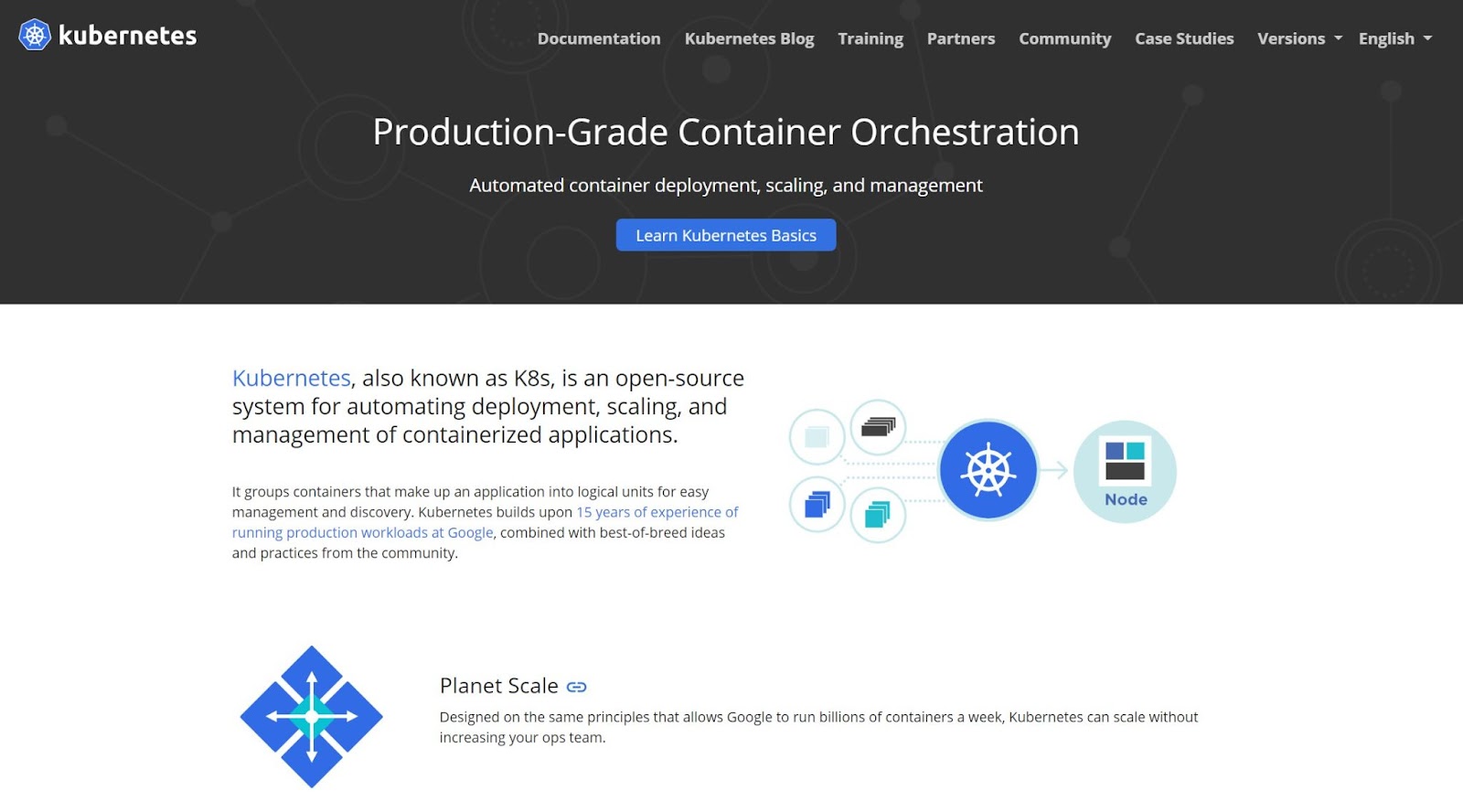 Una captura de pantalla del sitio web de Kubernetes