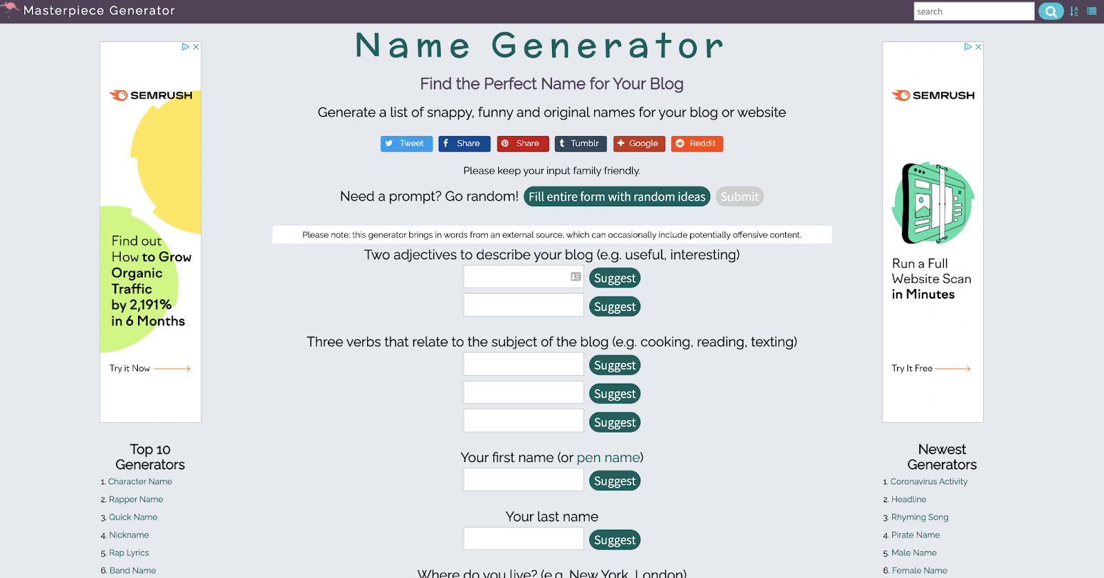 Masterpiece Generator puede ayudarlo a vincular las ideas de nombres de su blog