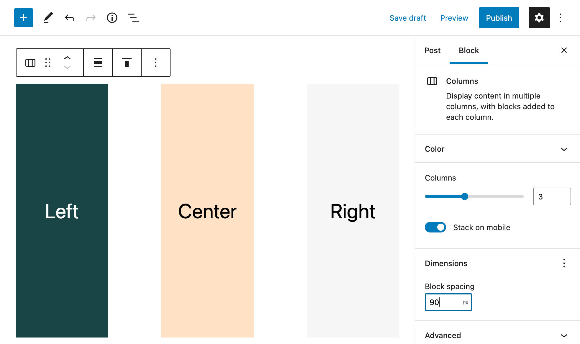 Controlar el espaciado de bloques de columnas en WordPress 5.9.