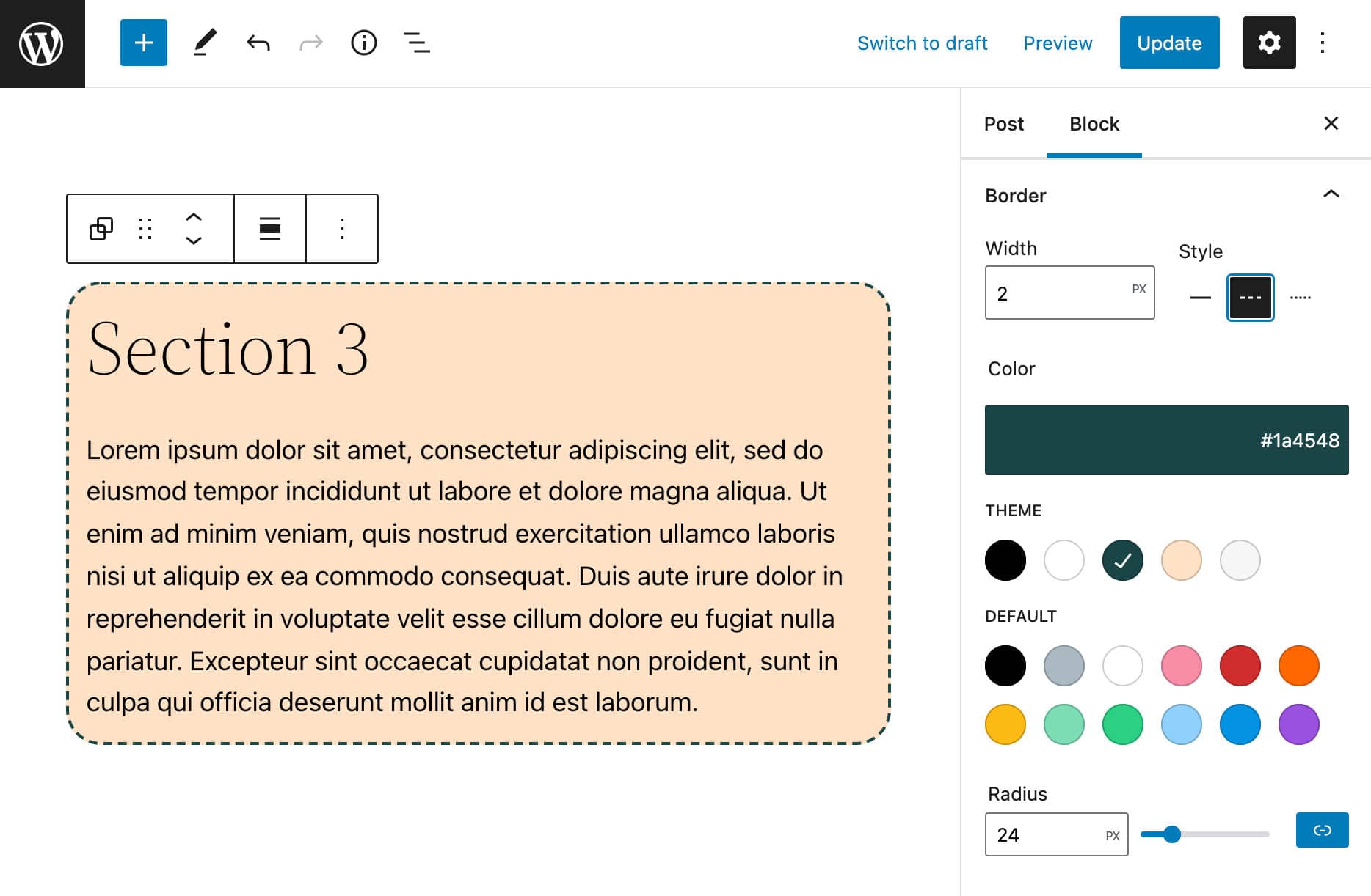 Un bloque de grupo con una configuraci&oacute;n de borde personalizada con Twenty Twenty-Two.