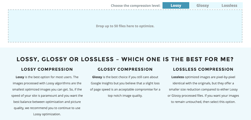 Las opciones de compresi&oacute;n dentro de ShortPixel, mostrando las opciones para elegir un nivel de compresi&oacute;n de 