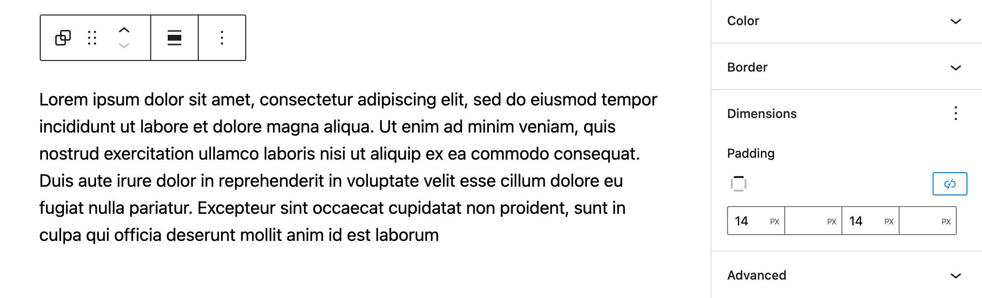 Panel de dimensiones de bloque de grupo.