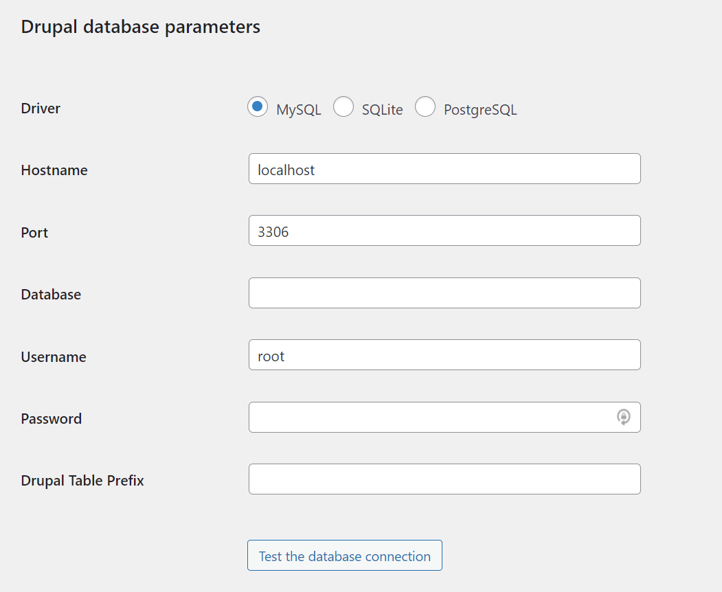 Cómo migrar de Drupal a WordPress (en 10 pasos) Ingrese los parámetros de su base de datos Drupal