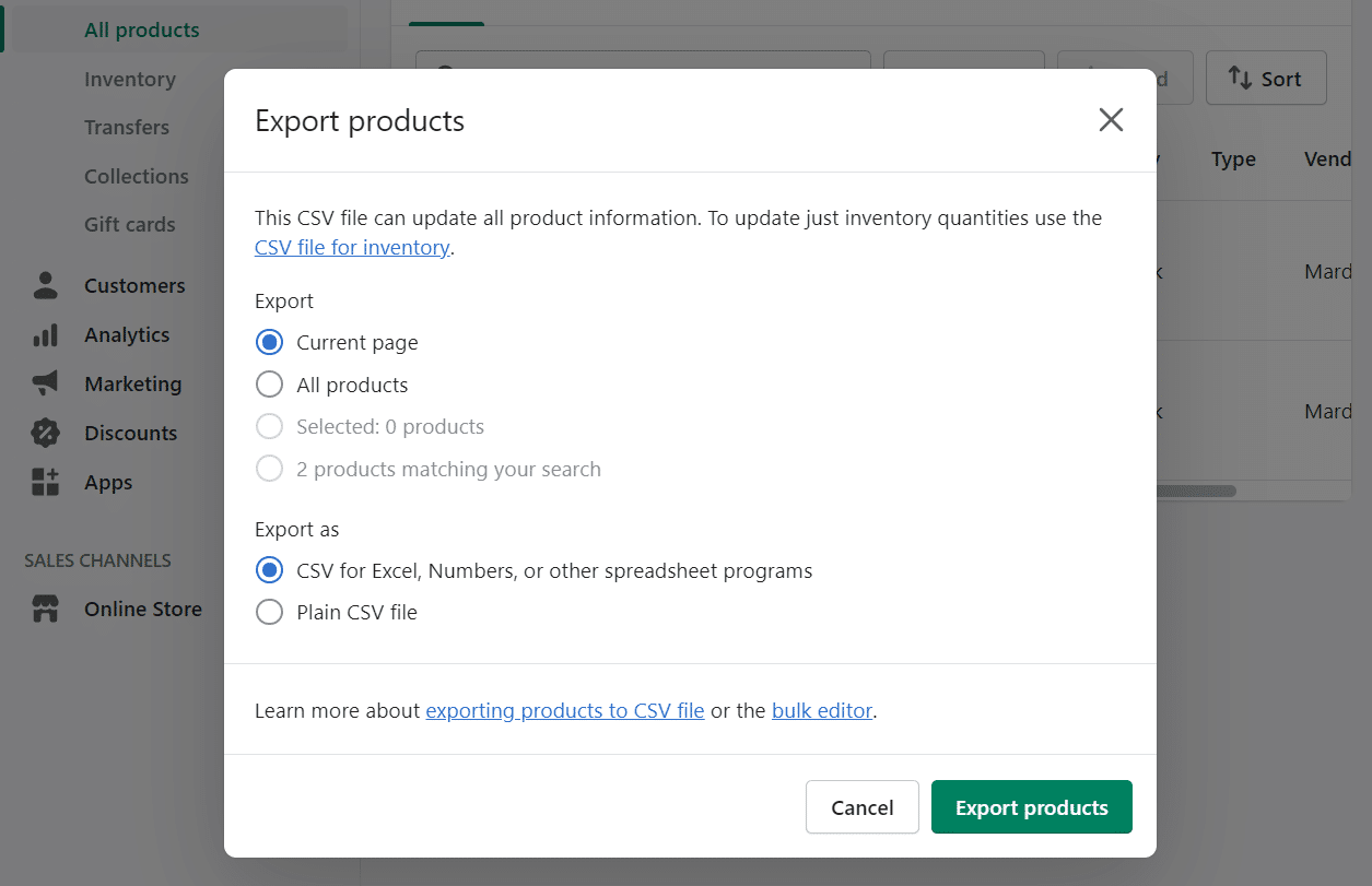 Cómo migrar de Shopify a WooCommerce (en 8 pasos) Exportar como CSV