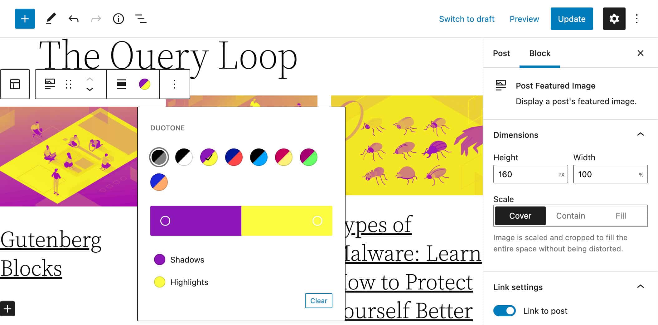 Filtro de duotono en im&aacute;genes destacadas en un bloque Query Loop.