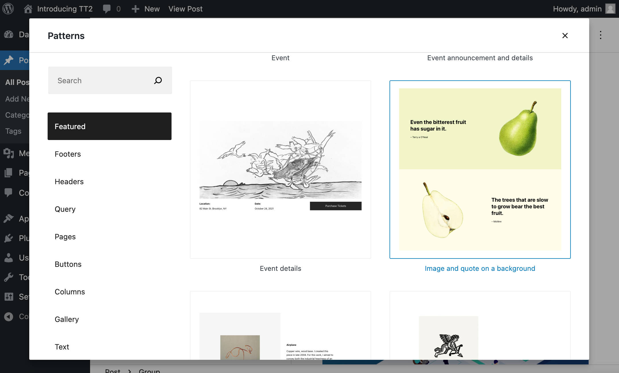 Patr&oacute;n de pantalla completa modal en WordPress 5.9.
