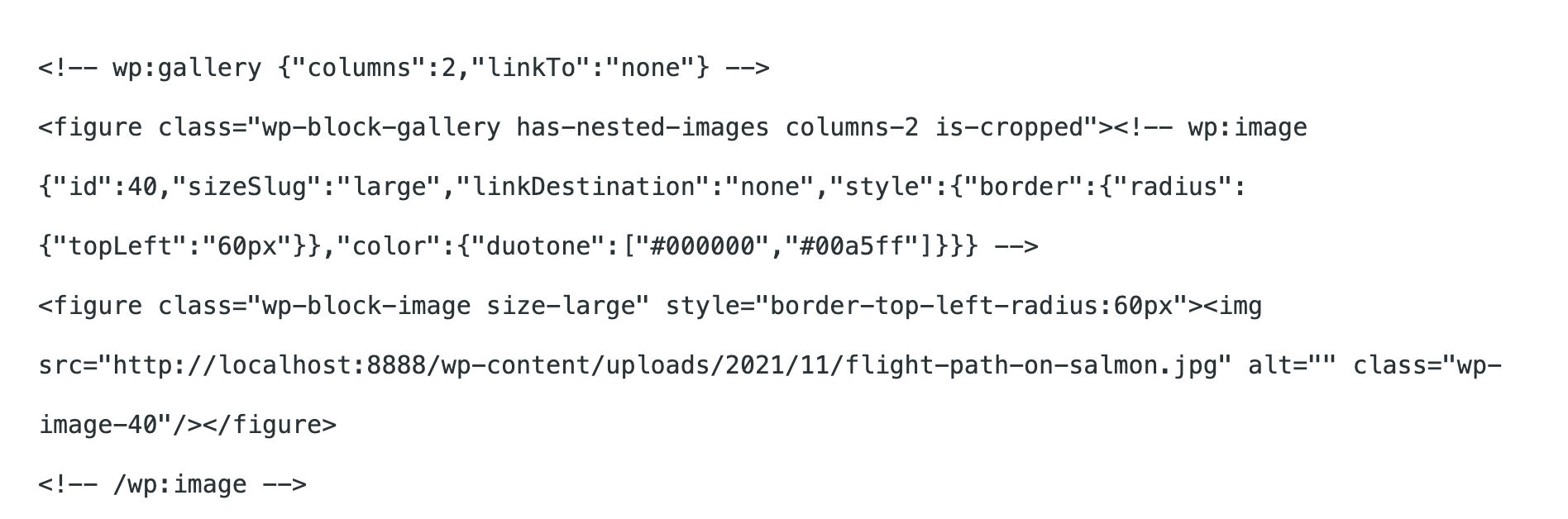 Bloque de galer&iacute;a en vista de c&oacute;digo en WordPress 5.9.