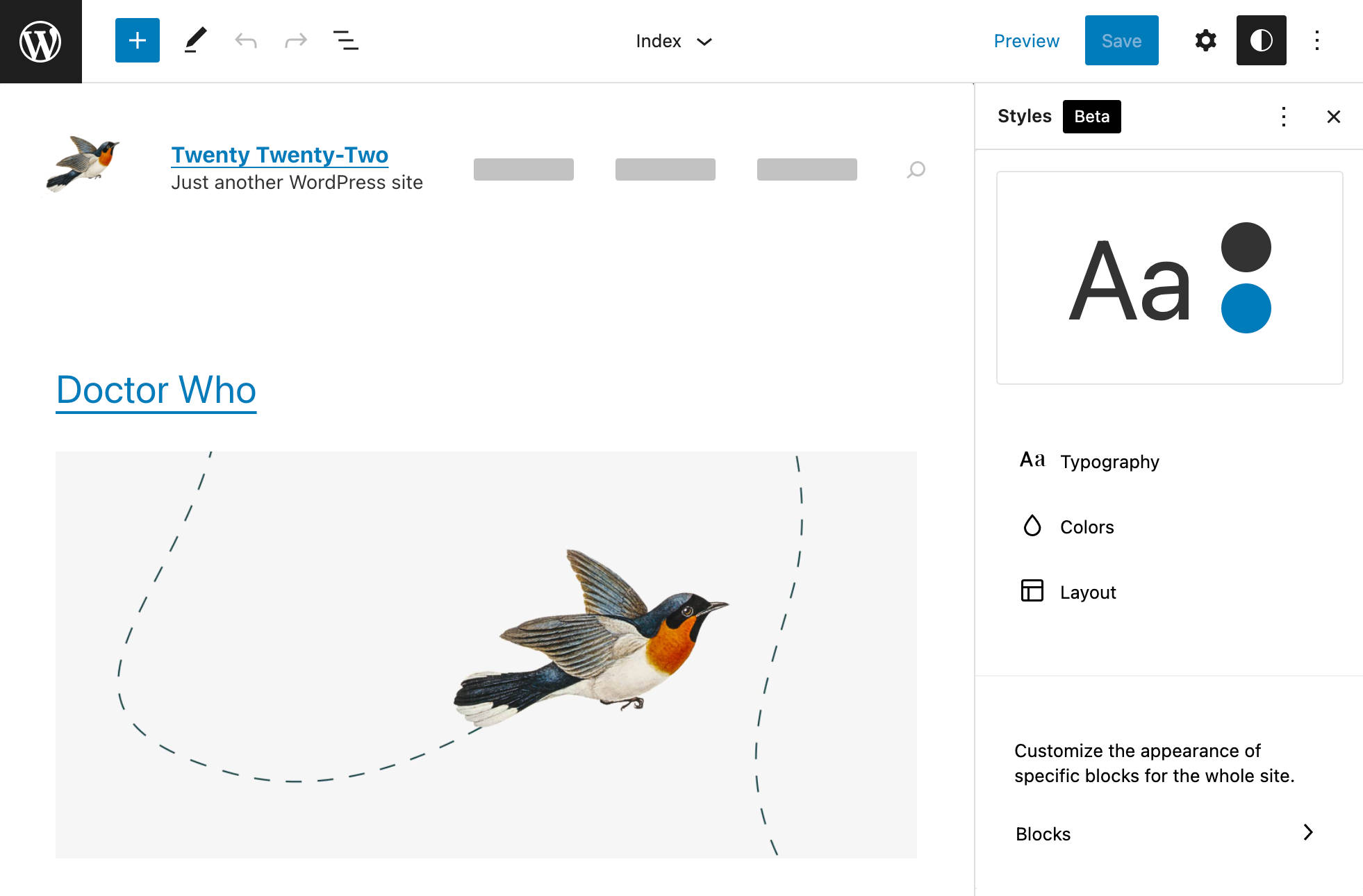 La barra lateral de Estilos globales se abre en una p&aacute;gina de WordPress que usa el tema Twenty Twenty-Two y muestra opciones de tipograf&iacute;a como 