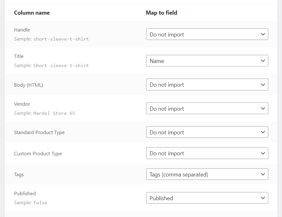 Cómo migrar de Shopify a WooCommerce (en 8 pasos) Haga coincidir los datos del producto del archivo CSV con los campos de WooCommerce