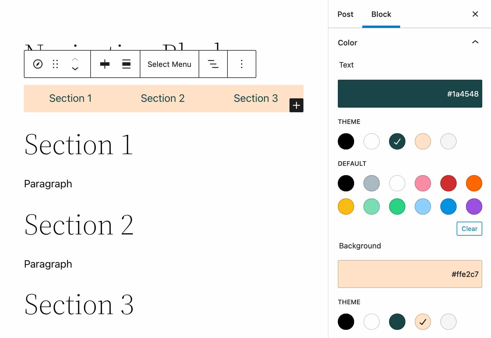 Configuraci&oacute;n de color del bloque de navegaci&oacute;n.