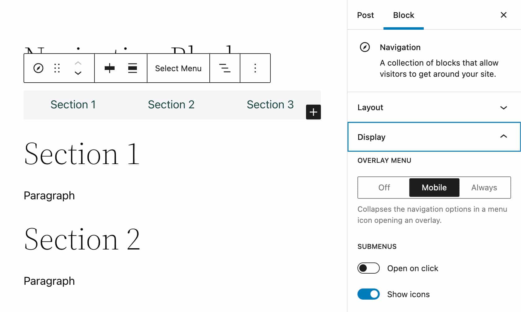 Bloque de navegaci&oacute;n Muestra el panel de configuraci&oacute;n para el bloque de navegaci&oacute;n.