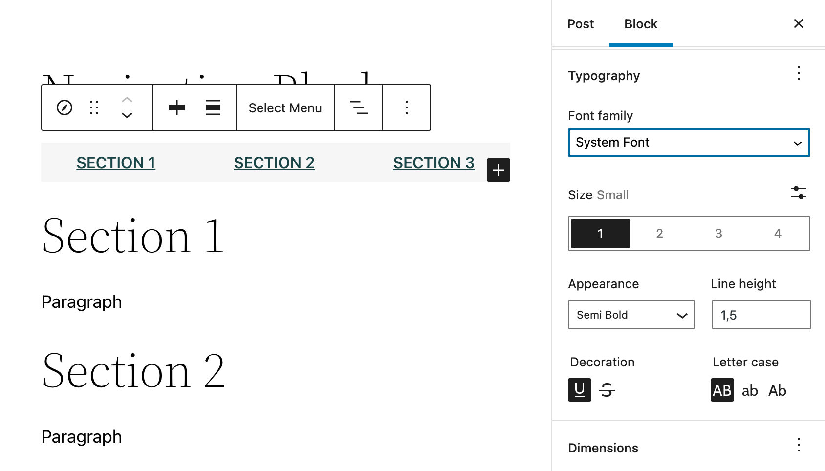 Configuraci&oacute;n de la tipograf&iacute;a del bloque de navegaci&oacute;n.