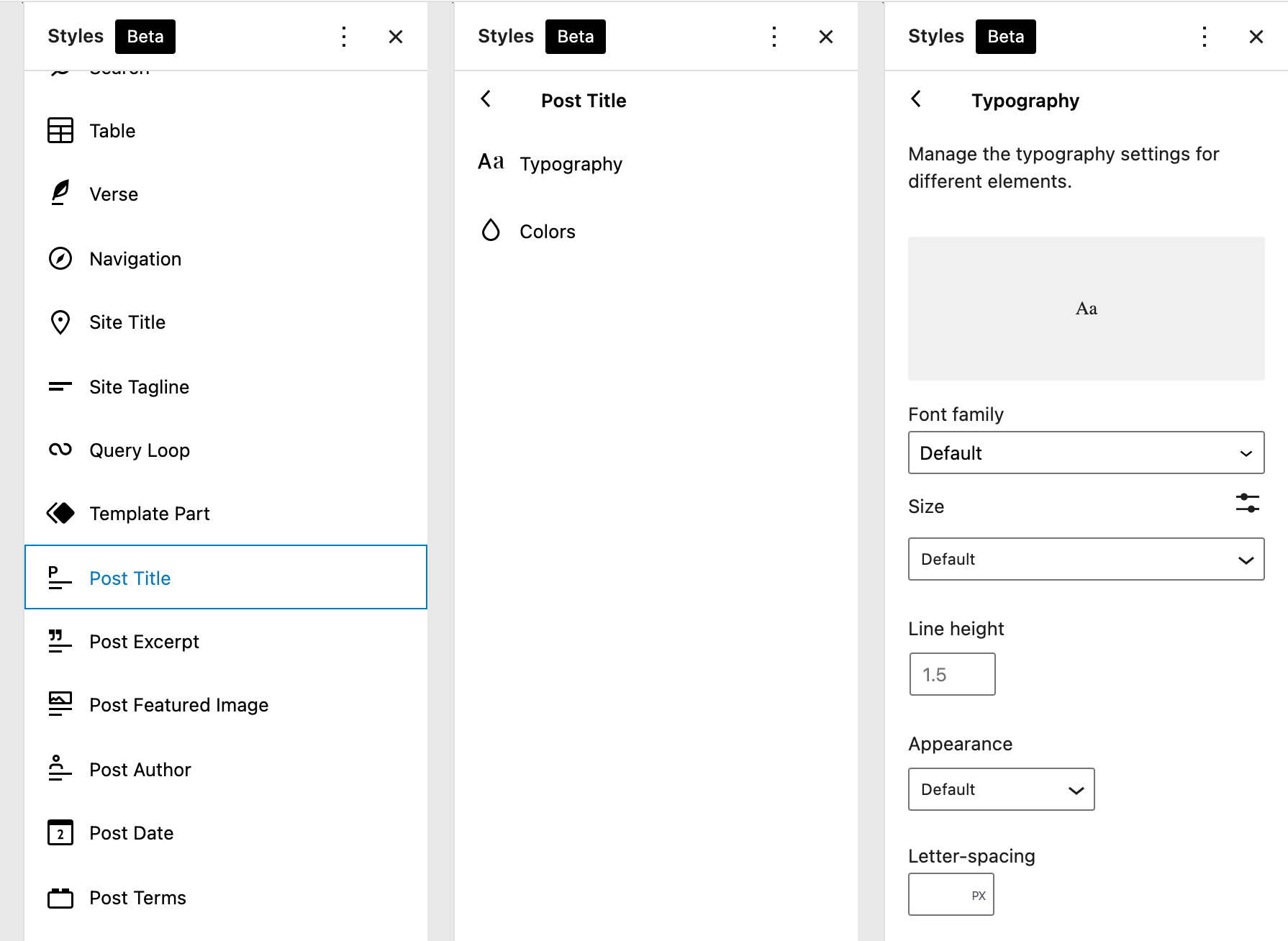Configuraci&oacute;n de la tipograf&iacute;a del t&iacute;tulo de la publicaci&oacute;n en WordPress 5.9, que muestra una amplia variedad de opciones, que incluyen (entre muchas otras) el t&iacute;tulo de la publicaci&oacute;n (que est&aacute; resaltado), el autor de la publicaci&oacute;n, la tabla, el t&iacute;tulo del sitio y la navegaci&oacute;n.