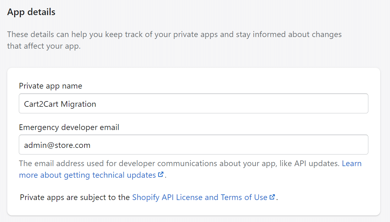 Cómo migrar de Shopify a WooCommerce (en 8 pasos) Establezca un nombre para su aplicación e ingrese un correo electrónico