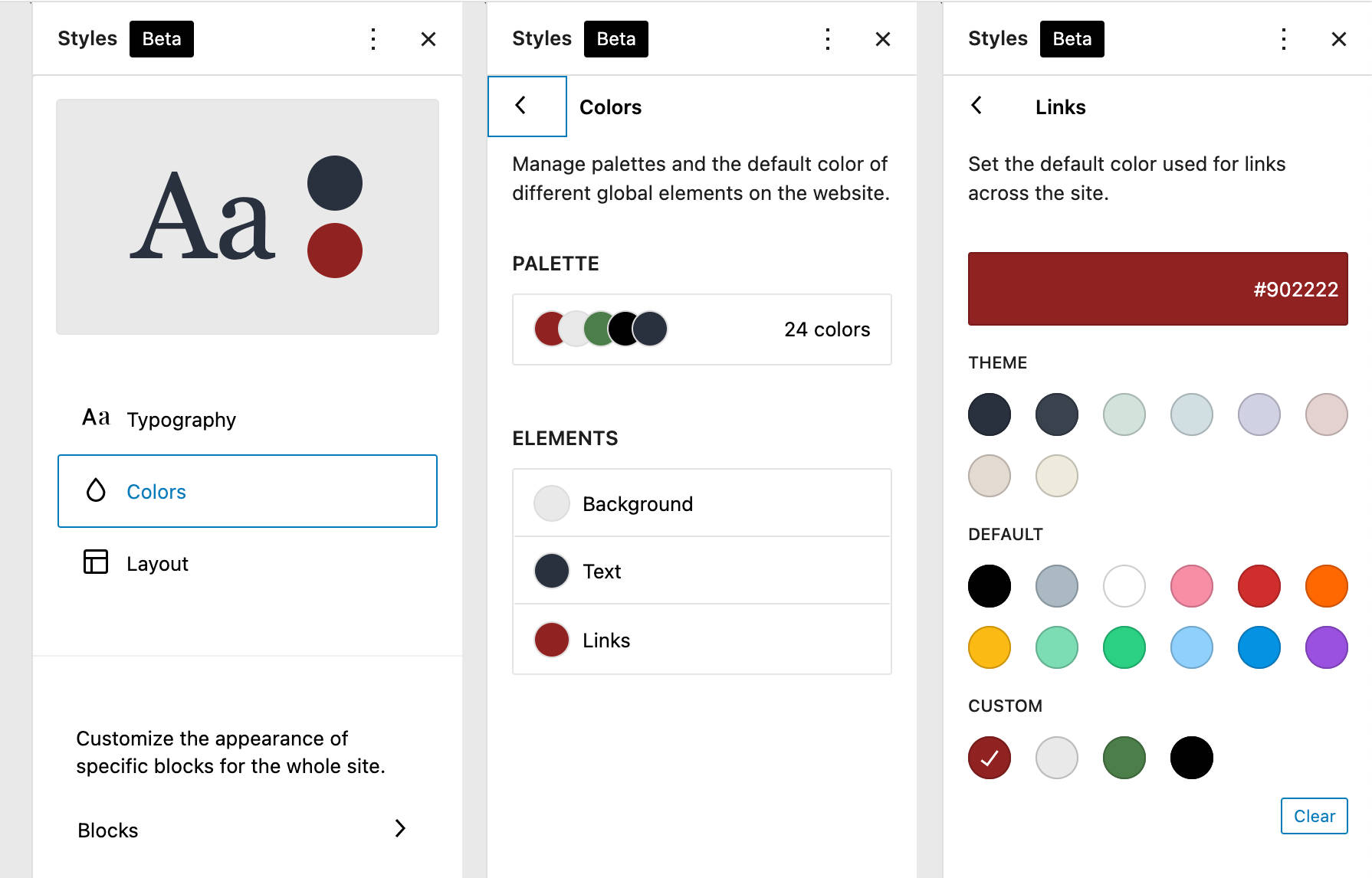 TT1 Bloquea la configuraci&oacute;n de colores, mostrando varios c&iacute;rculos de color para tres opciones de paleta separadas: Tema, Predeterminado y Personalizado.
