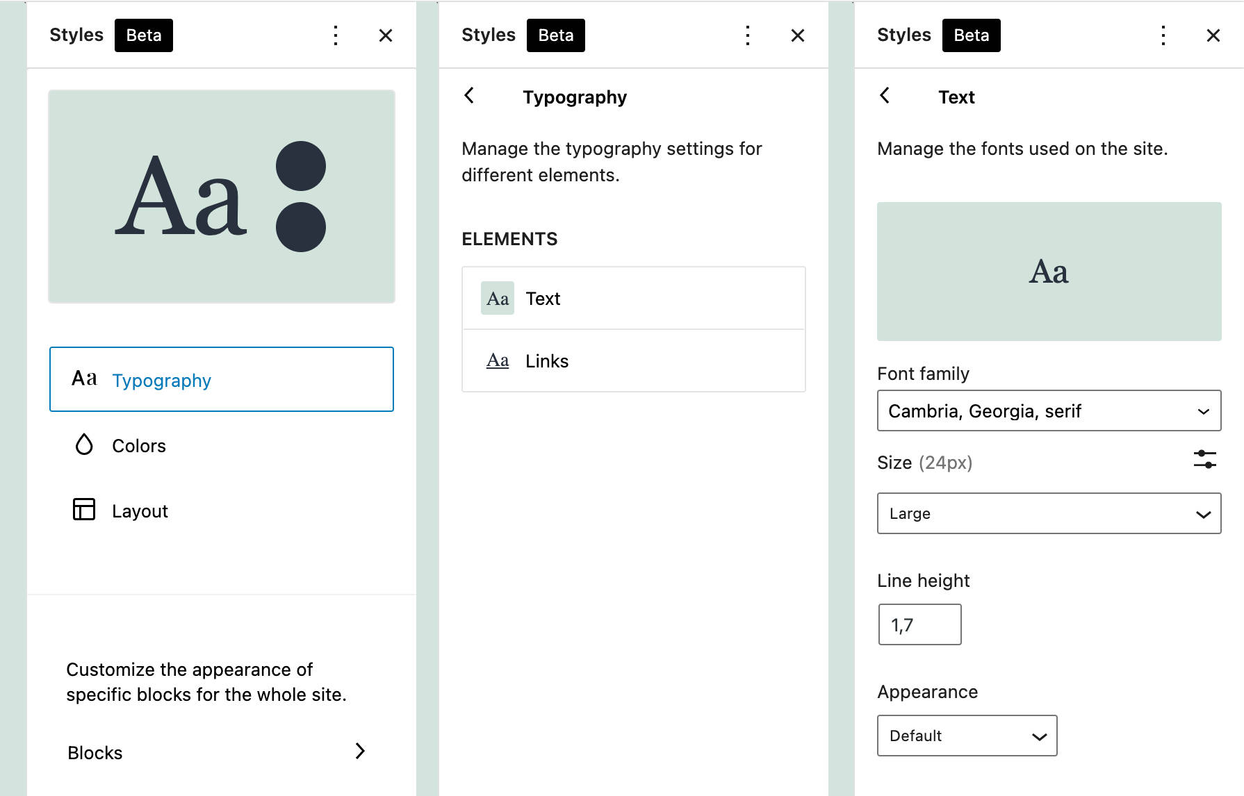 La configuraci&oacute;n de tipograf&iacute;a en TT1 Blocks Global Styles, que muestra tres paneles uno al lado del otro con varias opciones de tipograf&iacute;a, como la familia de fuentes, el tama&ntilde;o del texto y los colores.