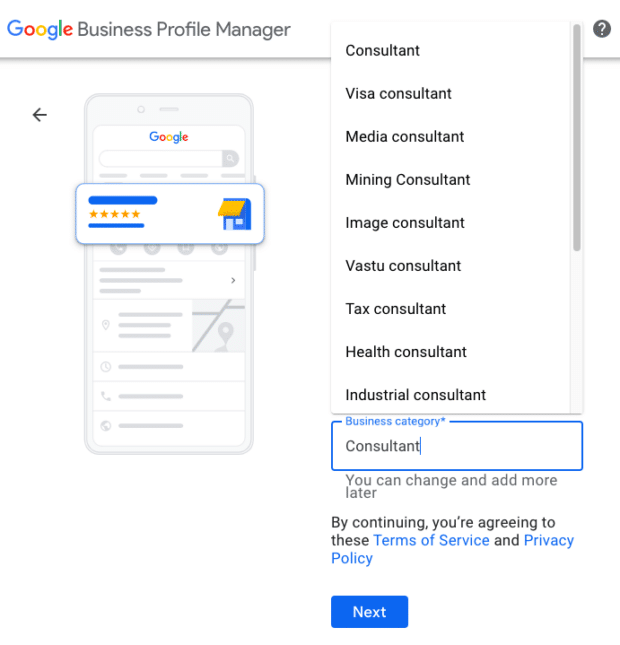 Categor&iacute;a empresarial del Administrador de perfiles empresariales de Google